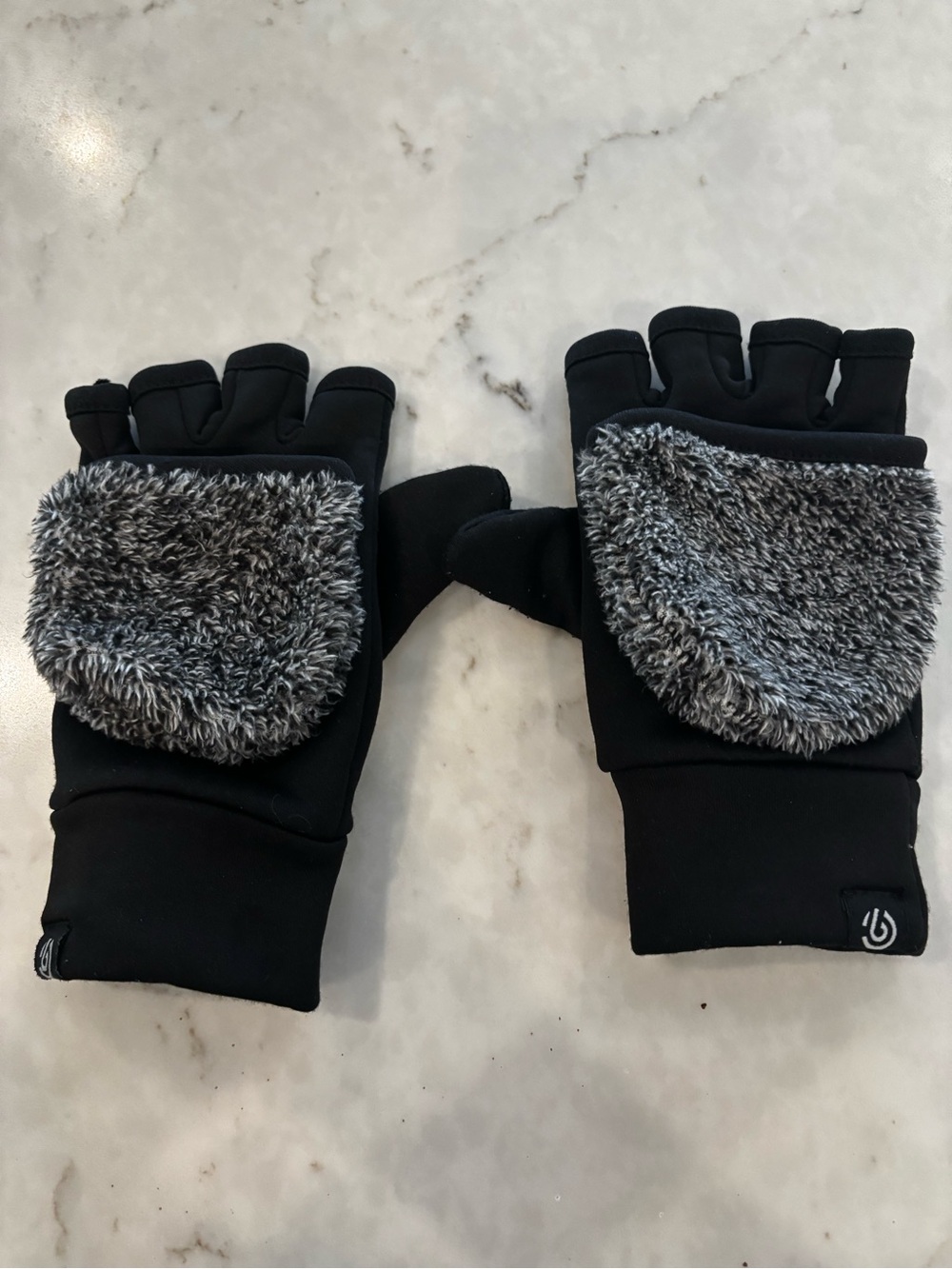 Champion Kids Black Fingerless Gloves with Gray Faux-Fur Mitt Covers